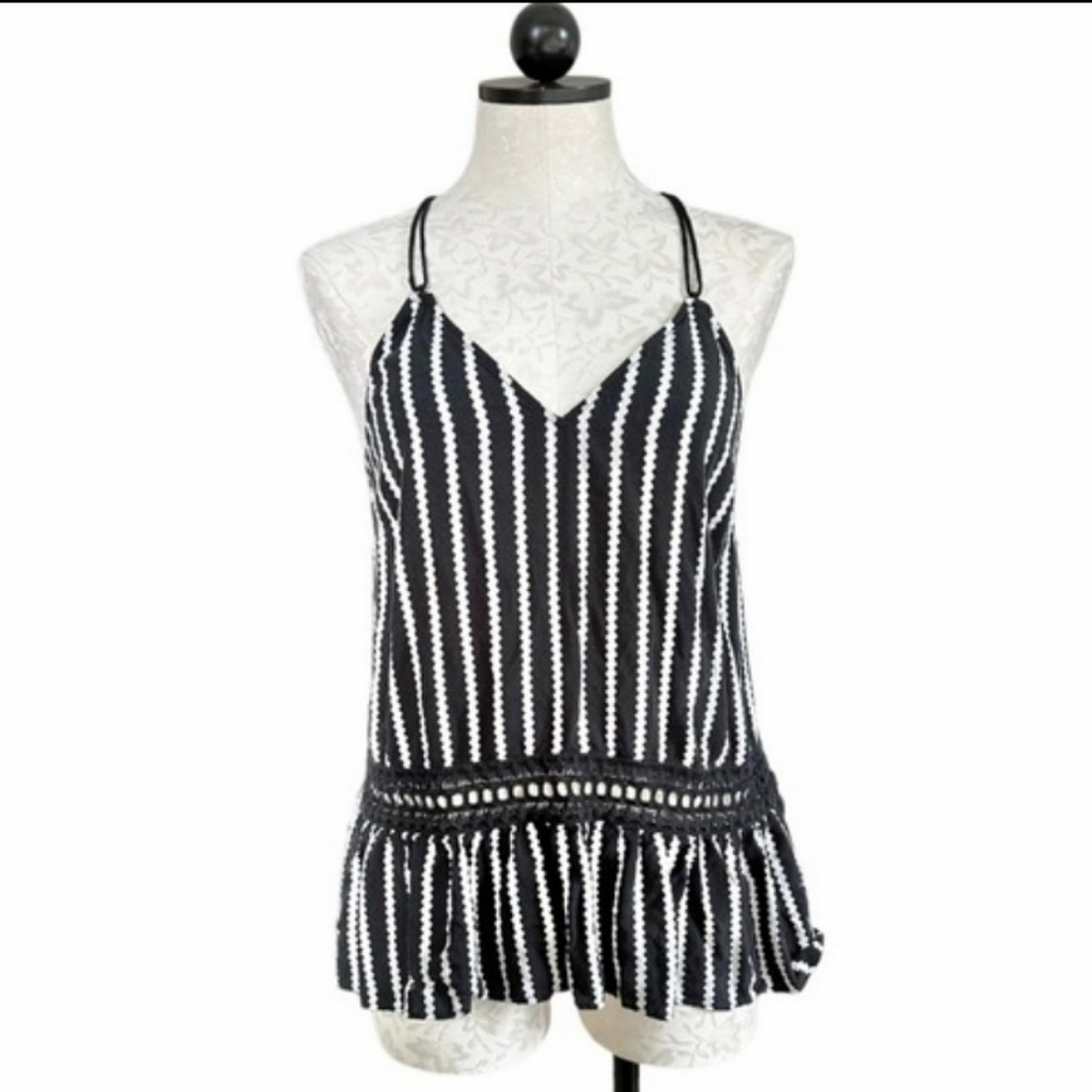 Witchery Black and White Striped Crochet Trim Cami Tank